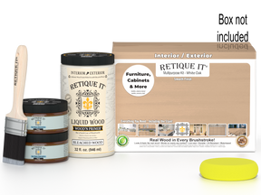 Large white oak wood finish kit by Retique It® with smooth application, includes multiple tools for multi-purpose wood finishing.