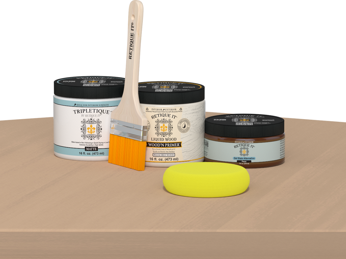 Retique It® White Oak Multi-purpose Smooth Finish Kit for interior top coat in satin, shown with application tools and wood surface.