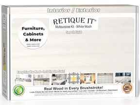 Retique It® Multi-purpose Smooth Finish Kit in White Wash for wood finishing, shown in a box with application tools.