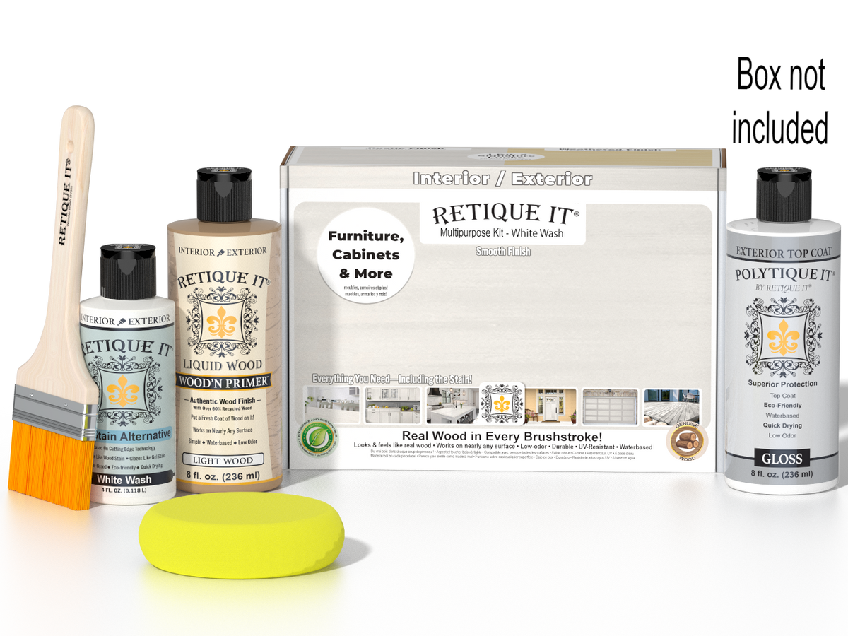 Retique It Multi-purpose Smooth Finish Kit in White Wash for exterior wood surfaces, includes top coat and application tools.
