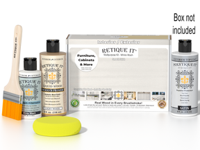 Retique It® Wood'n Finish Kit in White Wash for exterior top coat, showing a finish palette and application tools.