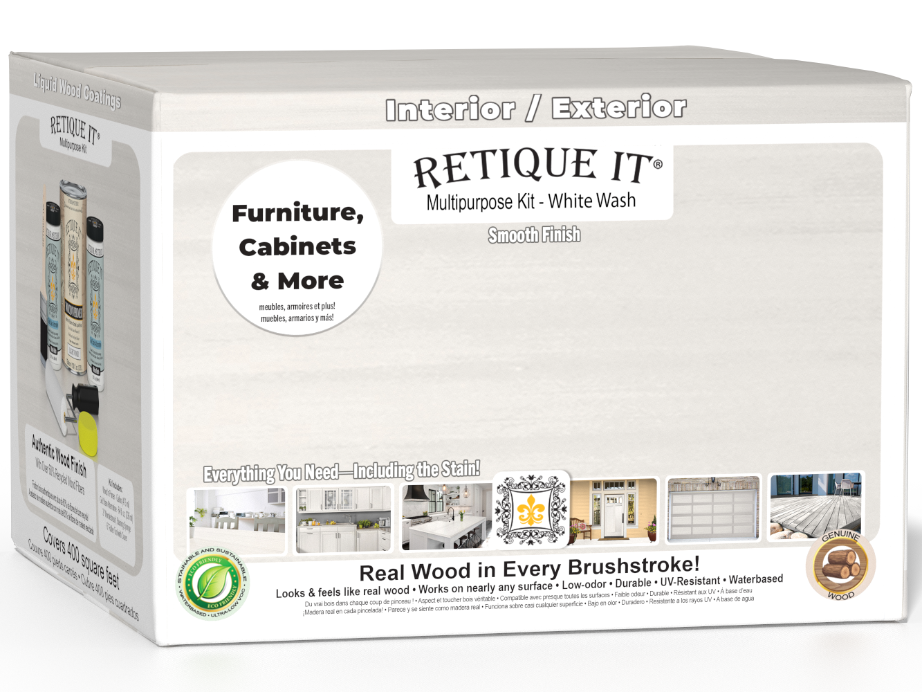 Retique It® Multi-purpose Smooth Finish Kit in white wash with exterior top coat, including four large wood finish products in a box.