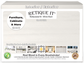 Retique It® Wood'n Finish Kit in white wash, four large multi-purpose smooth finish bottles for wood furniture refinishing.