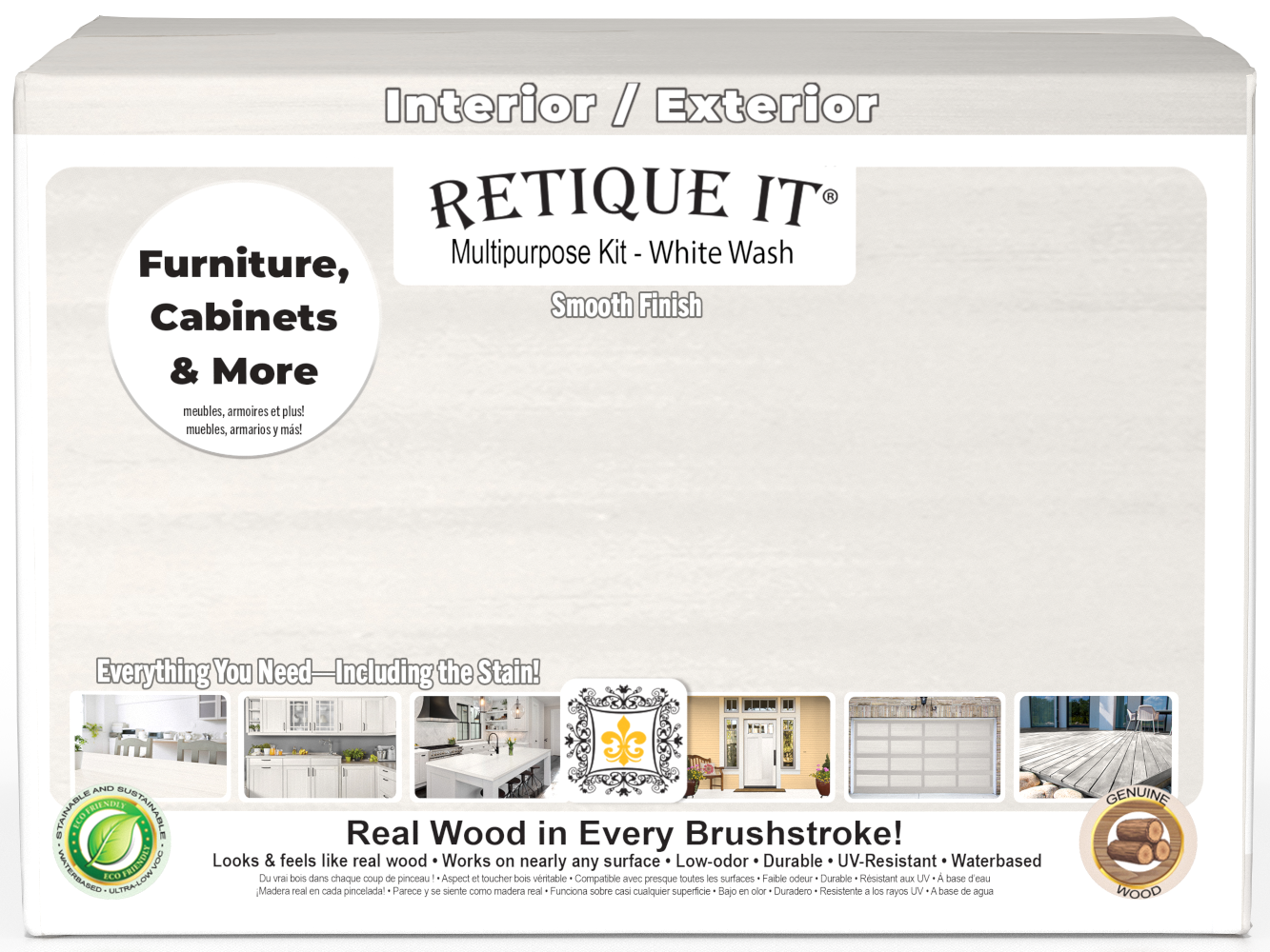 Retique It® Multi-purpose Smooth Finish Kit in white wash with exterior top coat, featuring four large wood finishing containers.