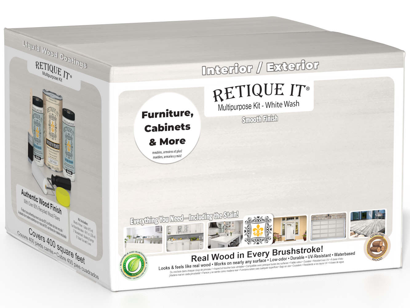 Retique It® Multi-purpose Smooth Finish Kit in white wash, includes four large wood finish bottles, suitable for furniture and decor.