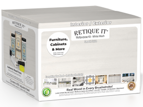 Retique It® Multi-purpose Smooth Finish Kit in white wash, includes four large wood finish bottles, suitable for furniture and decor.