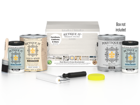 Retique It® Multi-purpose Smooth Finish Kit in white wash for exterior wood, includes four large containers with top coat and application tools.