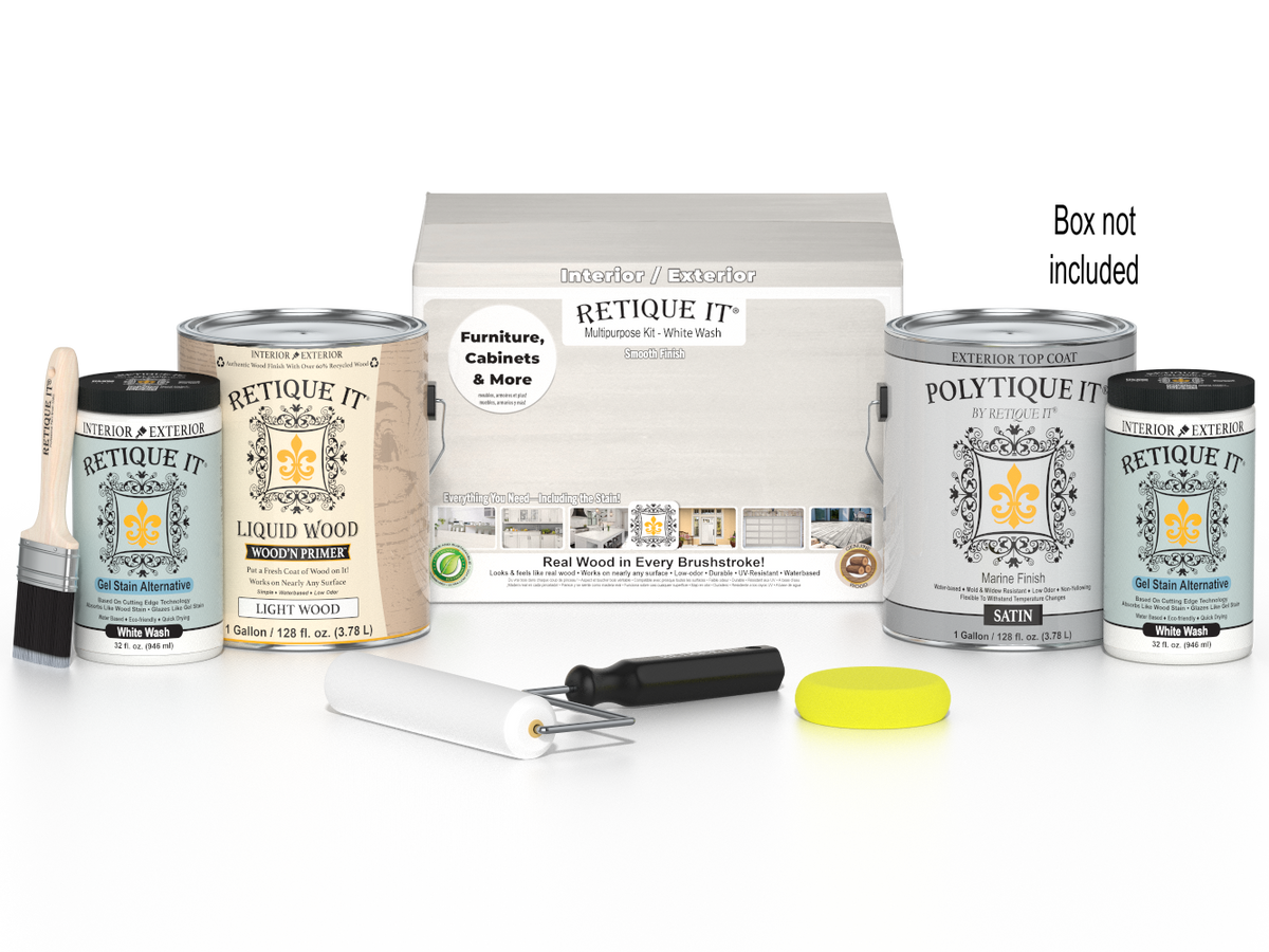 Retique It Wood'n Finish Kit with four large white wash exterior top coats for smooth wood finishing.