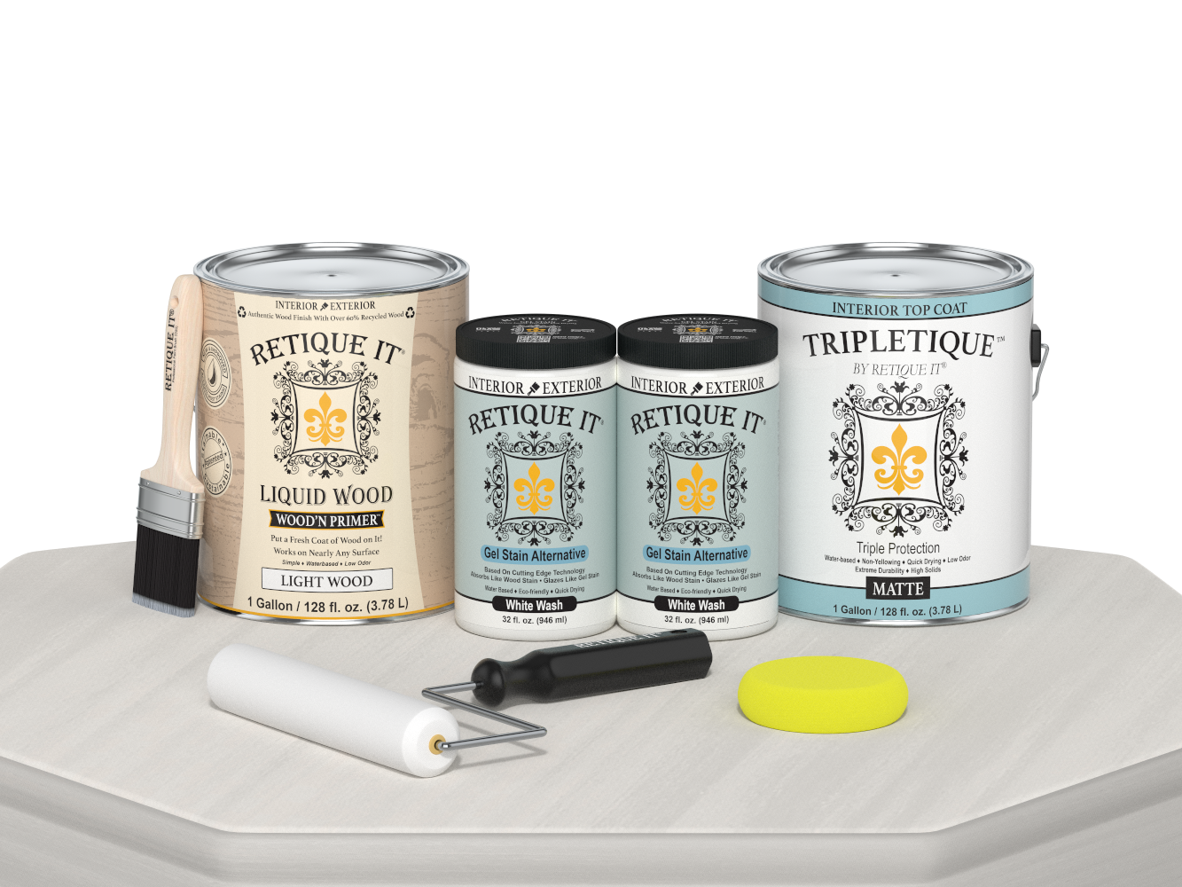 Retique It® Multi-purpose Smooth Finish Kit in white wash for interior wood, satin top coat, includes four large bottles displayed on a table.