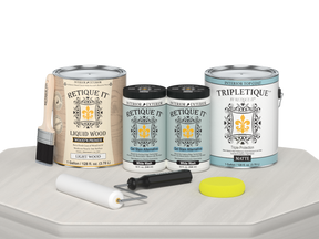 Retique It® Multi-purpose Smooth Finish Kit in white wash for interior wood, satin top coat, includes four large bottles displayed on a table.