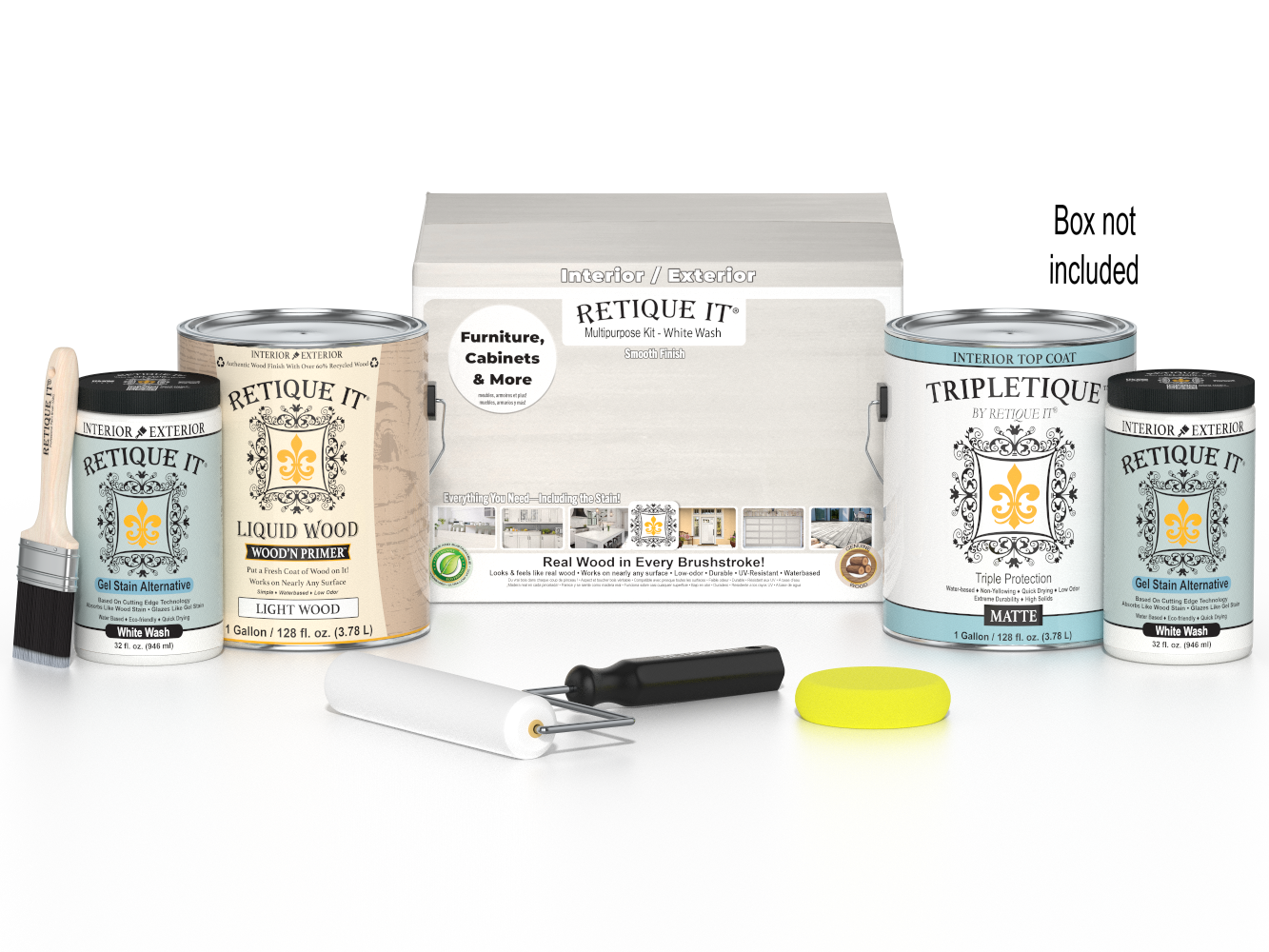 Retique It® Multi-purpose Smooth Finish Kit with four large white wash interior top coats in a matte wood finish, shown in box.
