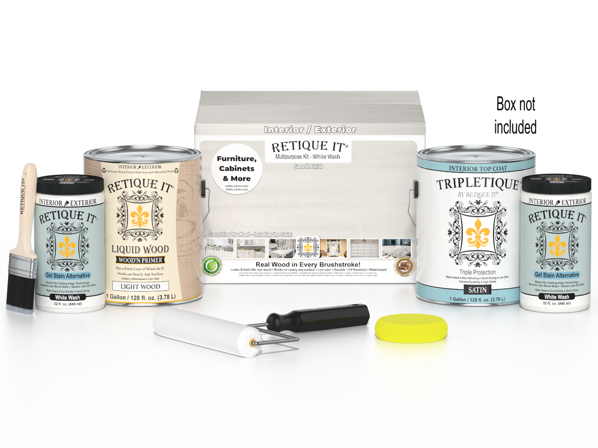 Retique It Wood'n Finish Kits white wash interior top coat in a multi-purpose smooth finish kit with four large bottles and applicator box