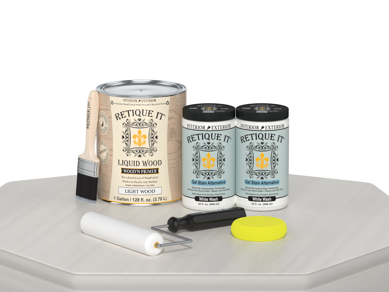 Retique It® Multi-purpose Smooth Finish Kit in white wash, 4-piece large set for wood finishing, shown with assembled tools and finish.
