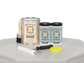 Retique It® Multi-purpose Smooth Finish Kit in white wash, 4-piece large set for wood finishing, shown with assembled tools and finish.