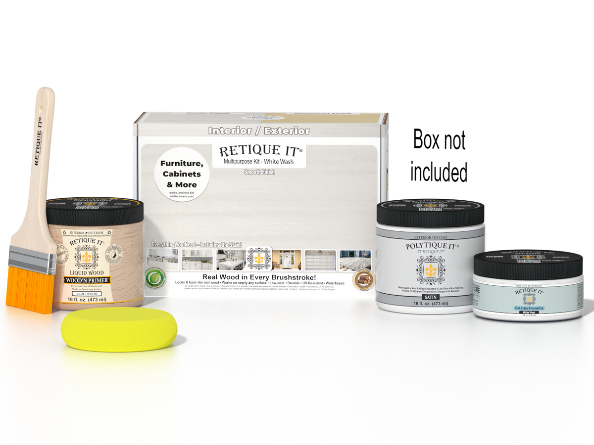 Retique It wood finish kit with white wash exterior top coat, including brushes and tools for smooth, multi-purpose wood finishing.
