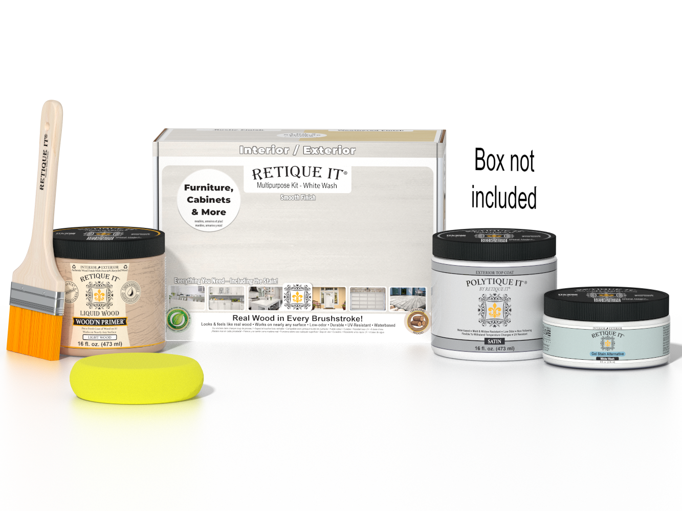 Retique It® wood finish kit with white wash exterior top coat, including brushes and tools for smooth, multi-purpose wood finishing.