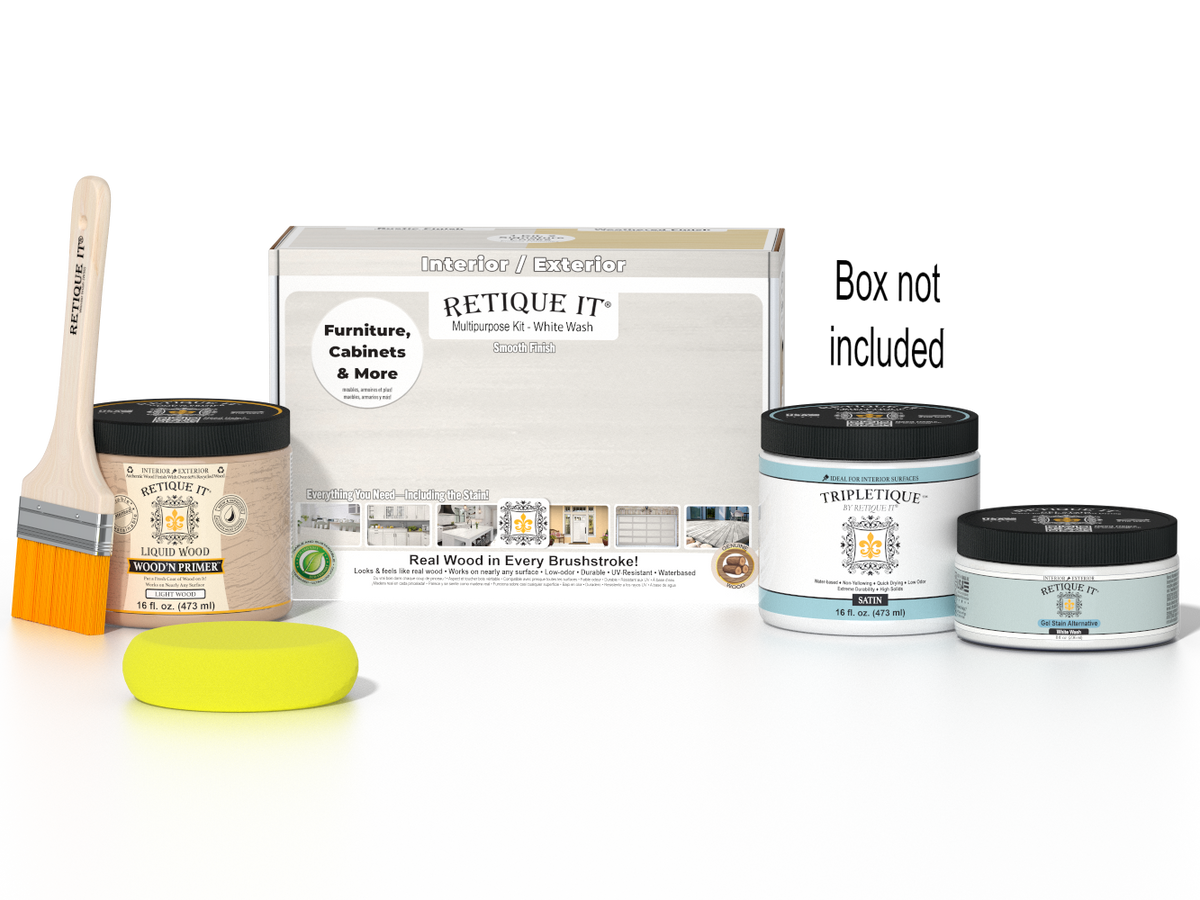 Retique It Multi-purpose Smooth Finish Kit (Med) in White Wash for interior wood projects, includes top coat and application tools.