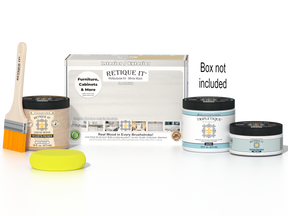 Retique It® Multi-purpose Smooth Finish Kit (Med) in White Wash for interior wood projects, includes top coat and application tools.