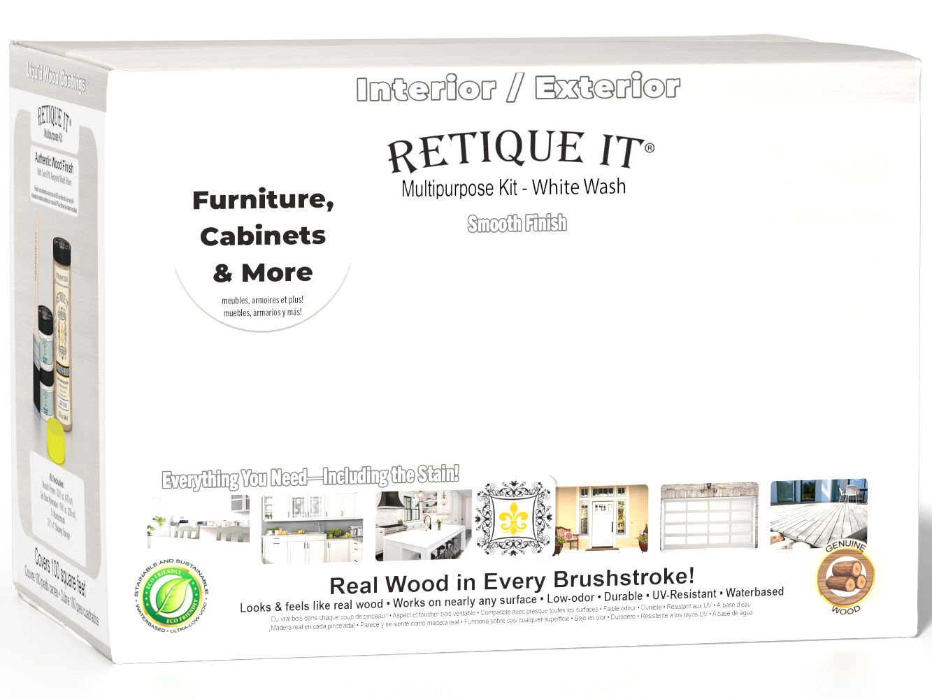 Large white wash wood finish kit by Retique It® with smooth finish, shown in open box with brushes and finishing tools.