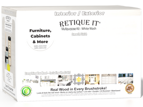 Large white wash wood finish kit by Retique It® with smooth finish, shown in open box with brushes and finishing tools.