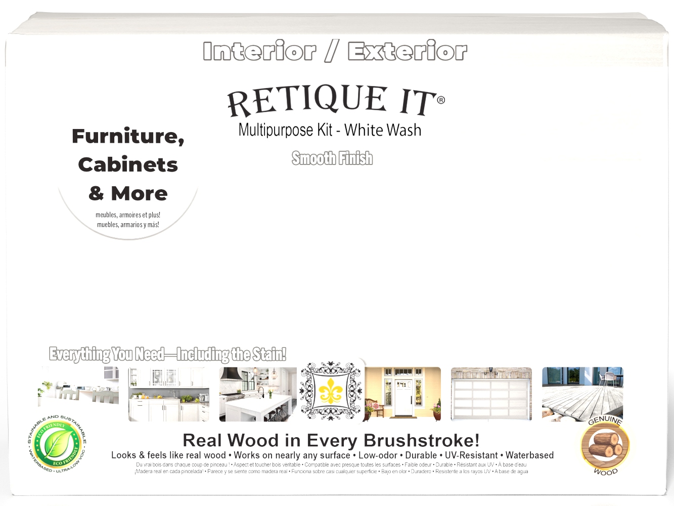 Retique It® wood finish kit in large white wash for smooth, multi-purpose wood finishing projects, shown in box front view.