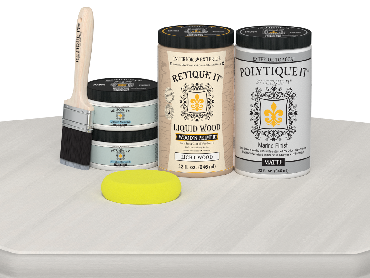 Large White Wash Satin Exterior Top Coat from Wood'n Finish Kits by Retique It® on a table. Smooth, matte wood finish application.