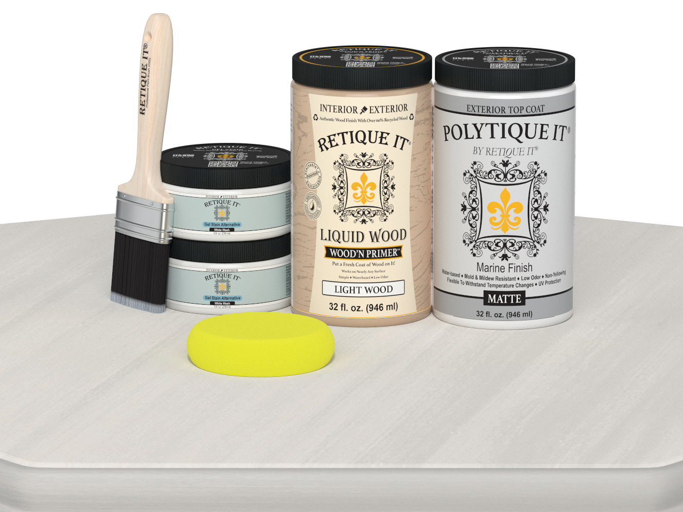 Large White Wash Satin Exterior Top Coat from Wood'n Finish Kits by Retique It® on a table. Smooth, matte wood finish application.