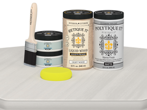 Large White Wash Satin Exterior Top Coat from Wood'n Finish Kits by Retique It® on a table. Smooth, matte wood finish application.
