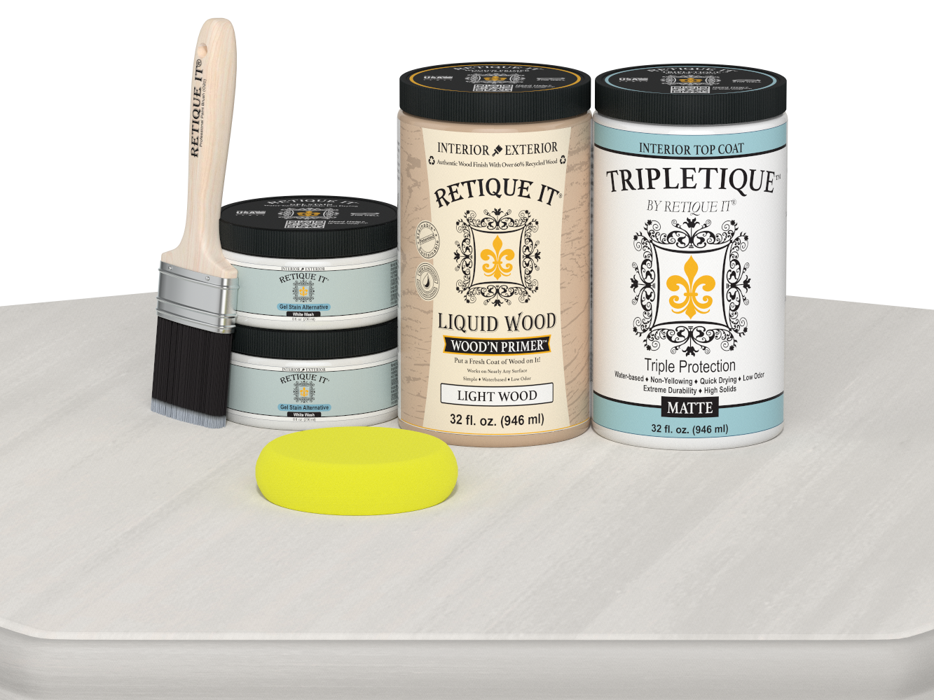 Retique It® Multi-purpose Smooth Finish Kit Large in White Wash for interior wood furniture with satin top coat and matte finish.