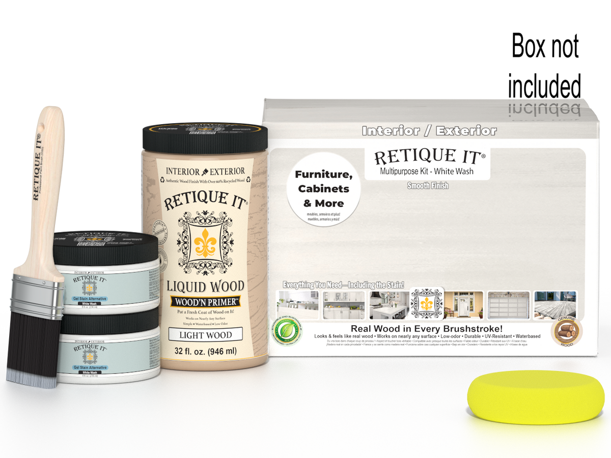 Retique It® Wood'n Cabinet Kit with 12 smooth doors in white wash stain, ideal for updating kitchen or cabinet surfaces.