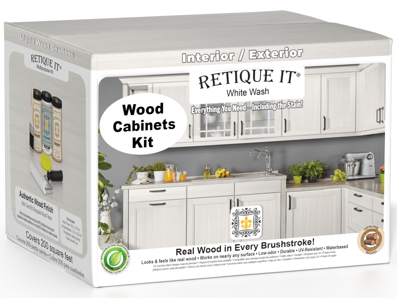 Retique It Wood'n Cabinet Kit with 24 white wash doors, smooth stain finish, for kitchen or bathroom cabinetry.
