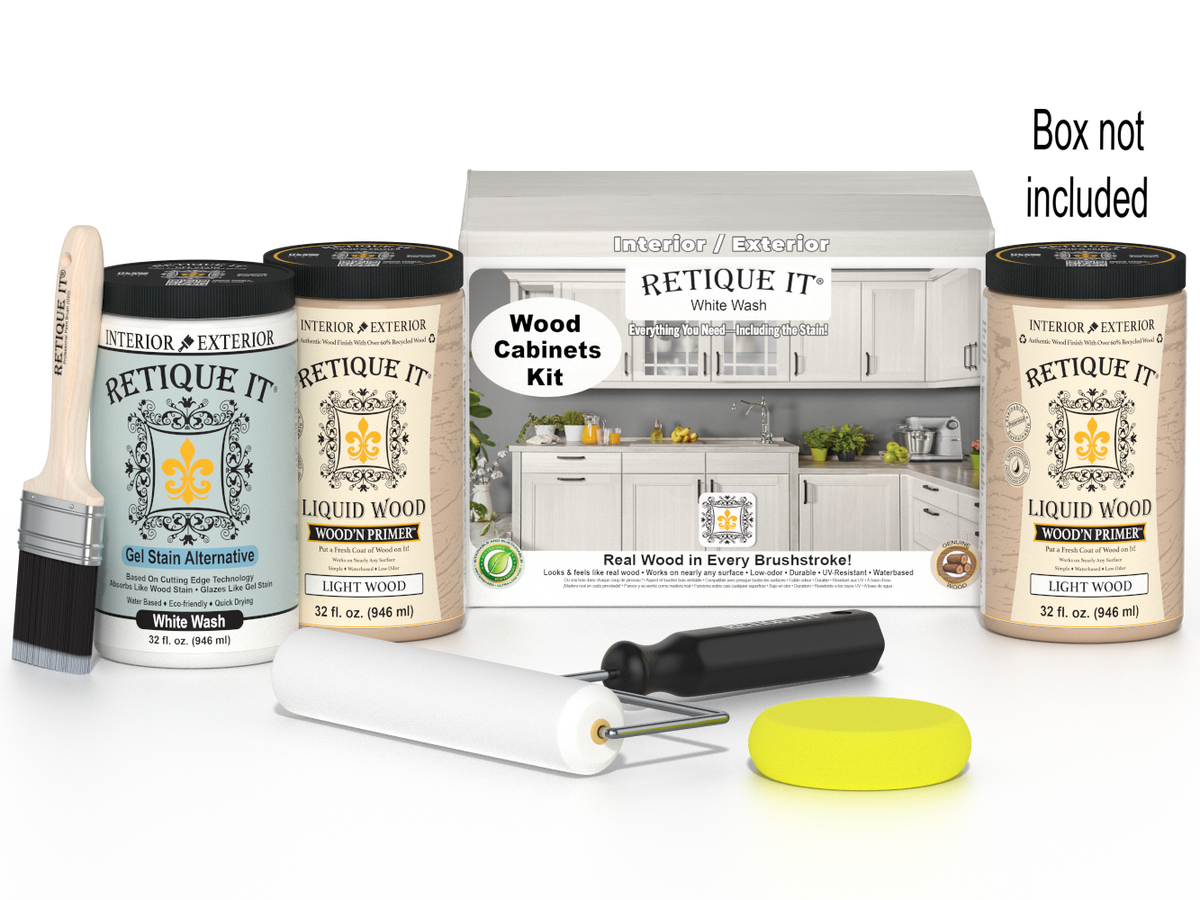 Retique It Wood'n Cabinet Kit with 24 white wash doors, smooth stain finish, for kitchen or bathroom cabinets.