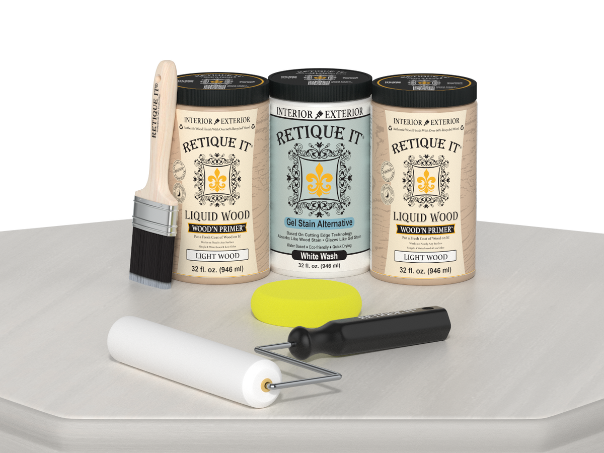 Retique It Wood'n Cabinet Kit with 24 smooth doors in white wash stain, designed for cabinet renovation and furniture updates.