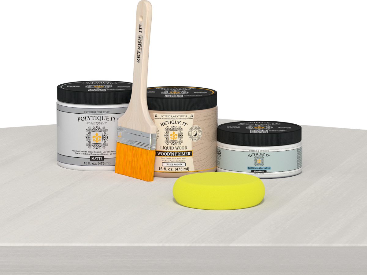 Retique It® Multi-purpose Smooth Finish Kit in White Wash for exterior wood with satin top coat, includes application tools and materials.
