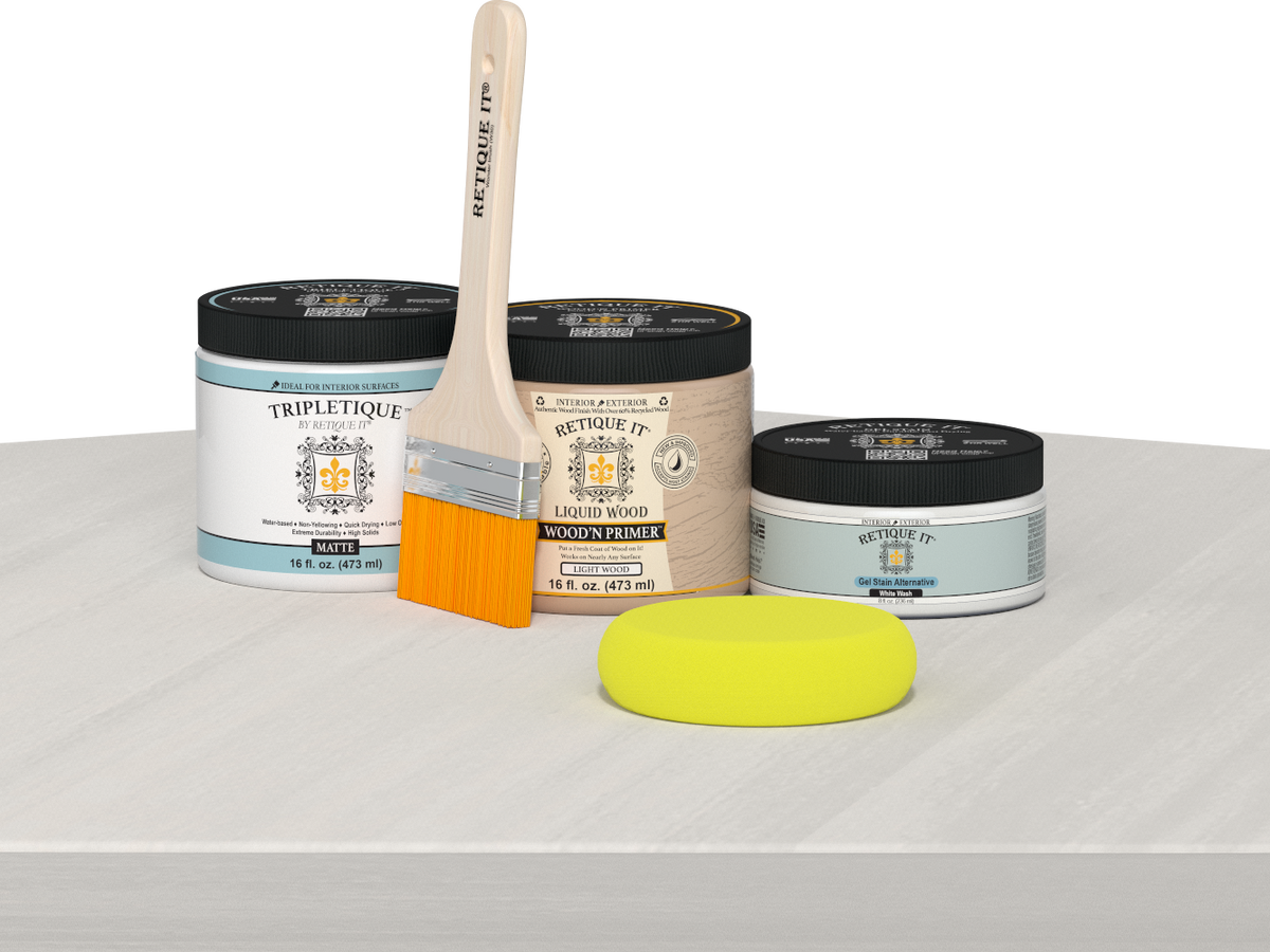 Retique It® Multi-purpose Smooth Finish Kit in White Wash for interior wood surfaces, featuring satin top coat and matte finish.
