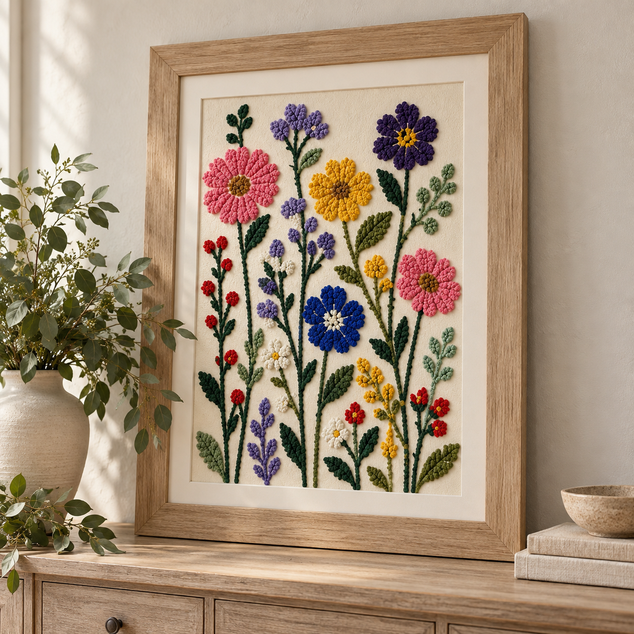 DecoArt Bloom Texture Paint in Gesso Cloud White on wildflower art displayed on a brushed oak console