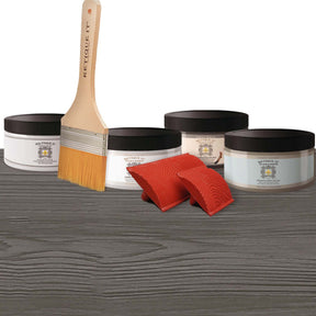 Retique It Wood'n Finish Kit in Harbor Gray with exterior top coat, featuring gel stain and finishing tools in a comprehensive kit.