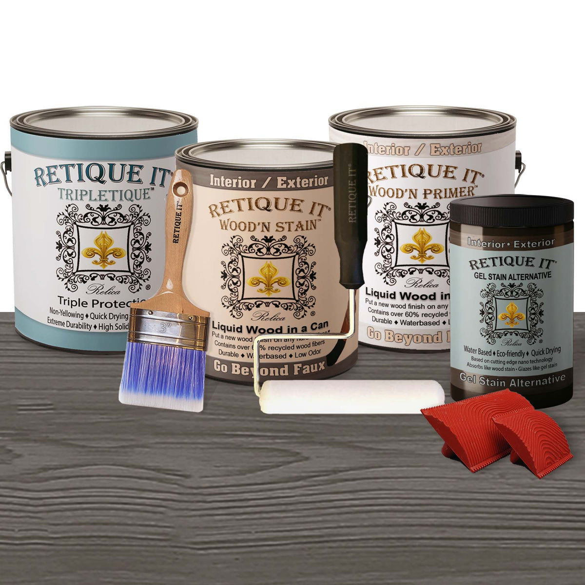 Retique It Wood'n Cabinet Kit in Harbor Gray with 48 grained door panels, stain kit for wood cabinet finishing.