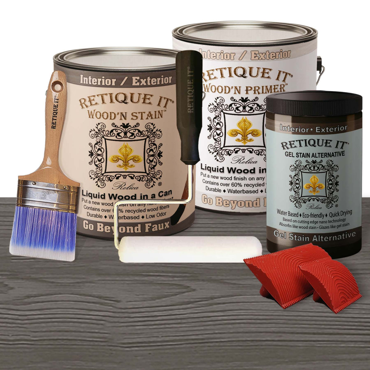 Retique It Wood'n Kit in Harbor Gray with four large wood finish gel bottles, showing wood surface and gray stain application.