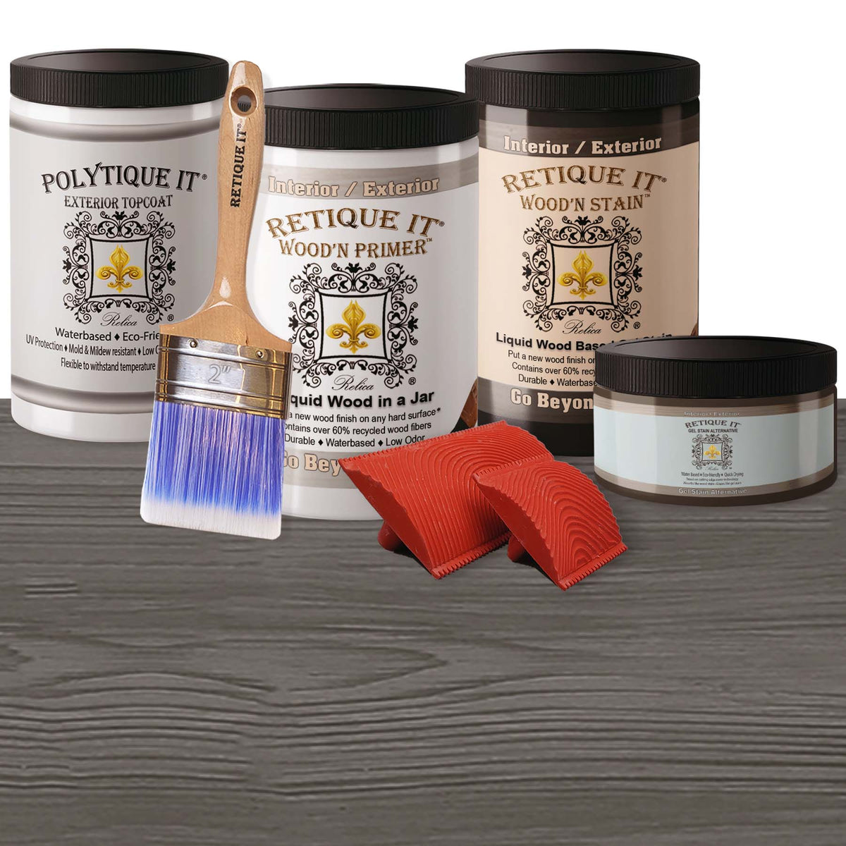 Large Harbor Gray Wood'n Finish Kit by Retique It with exterior top coat, including brushes and wood treatment supplies.