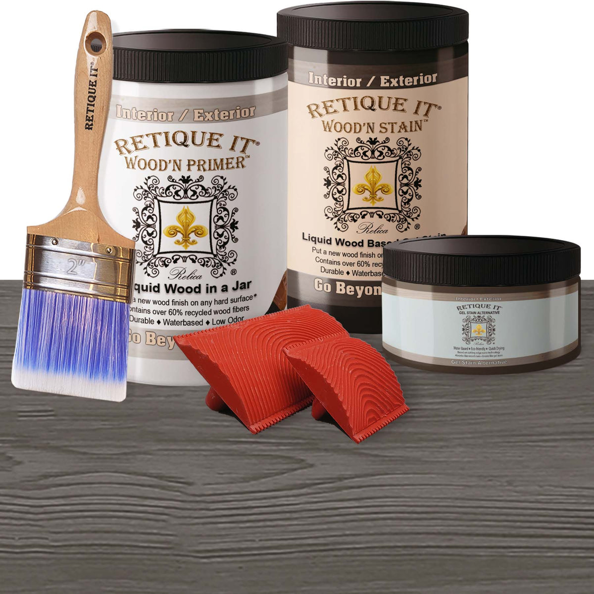 Large Harbor Gray Wood'n Finish Kit by Retique It with gel stain and applicator for wood furniture projects.