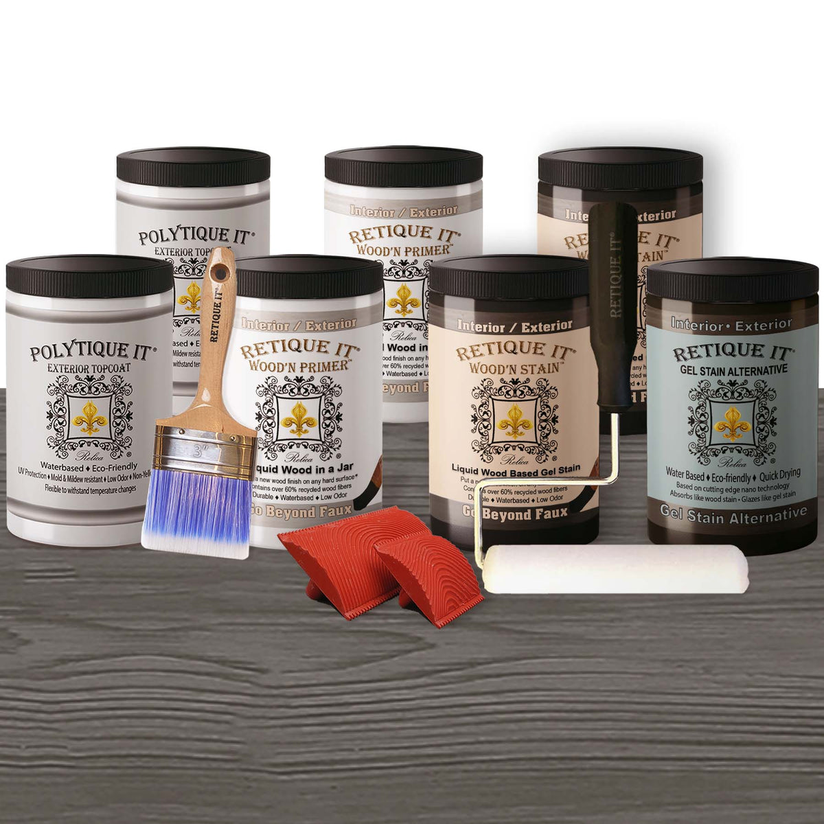 Retique It Wood'n Cabinet Kit with 24 grained Harbor Gray stain doors and wood grain finish for kitchen or bathroom cabinets.