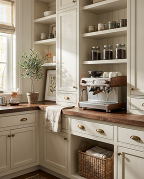 Kitchen with wooden countertops, white cabinets, and a coffee machine.