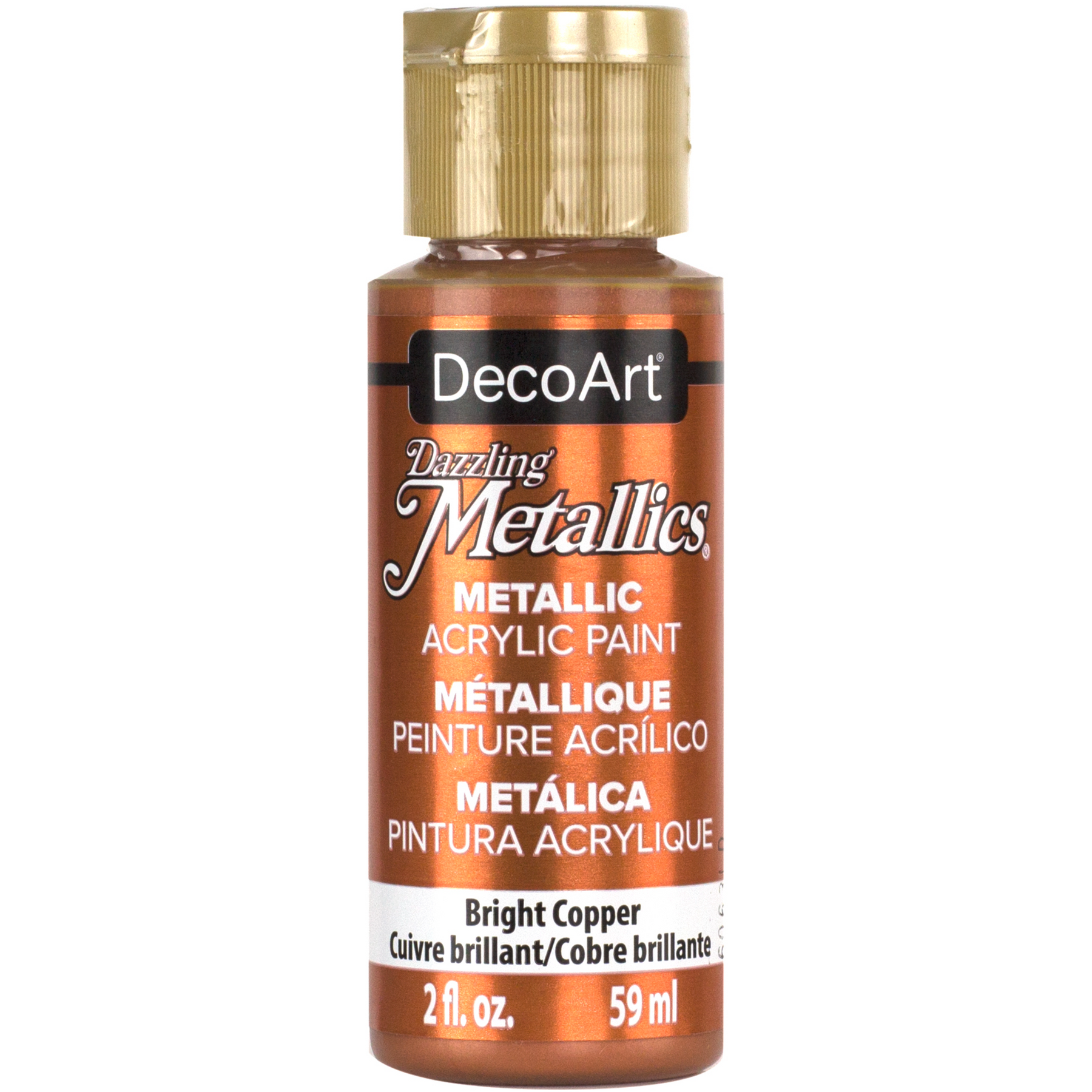 Bright copper metallic paint from DecoArt's Dazzling Metallics collection in a vibrant, shiny copper color.