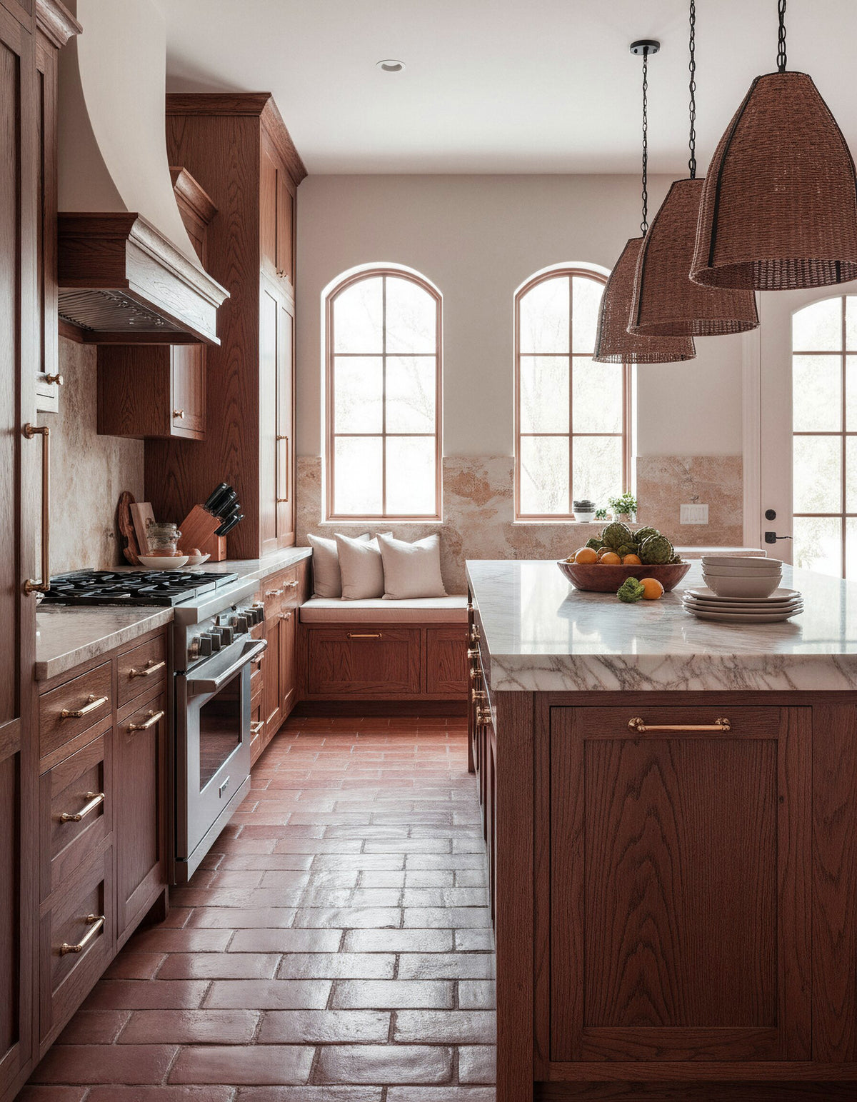 Retique It® Wood'n Finish Kit Large in Vintage Cherry, with dark oak rustic kitchen cabinets and exterior top coat application.