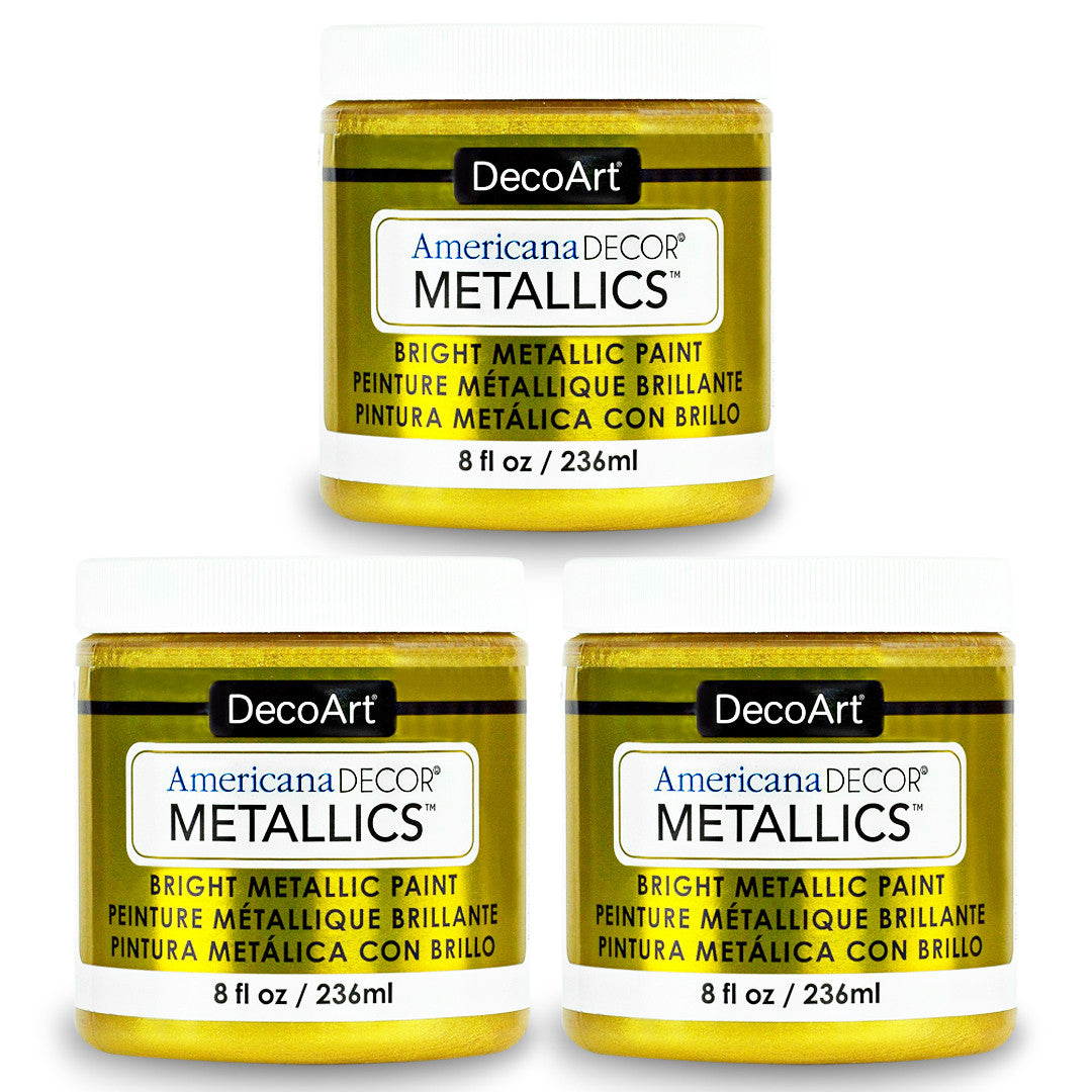 DecoArt Metallics 24K Gold paint 3-pack, shiny gold metallic craft paints shown in open containers with brushes.