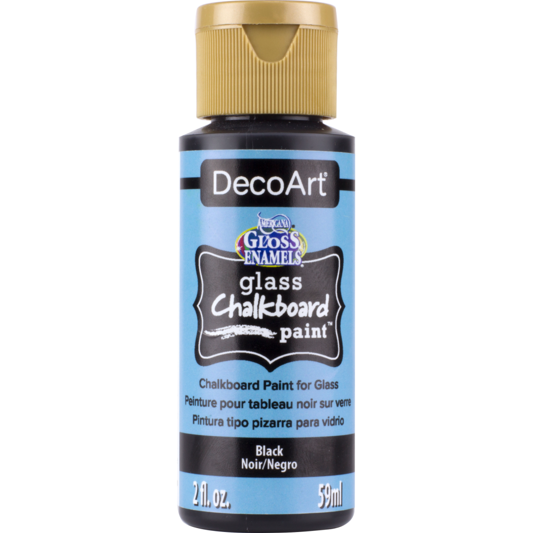 DecoArt Gloss Enamels Glass Chalkboard Paint applied to a surface, showcasing a smooth, shiny finish ideal for chalkboard designs.