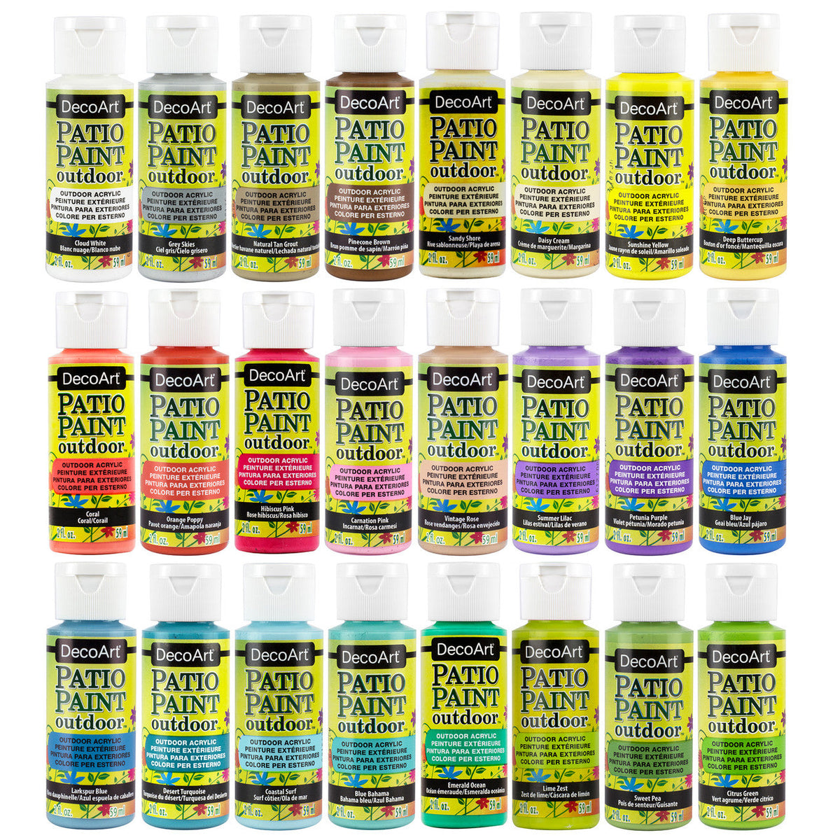 DecoArt Pastel Patio Paint outdoor paint set with 24 vibrant pastel colors for garden and patio projects.
