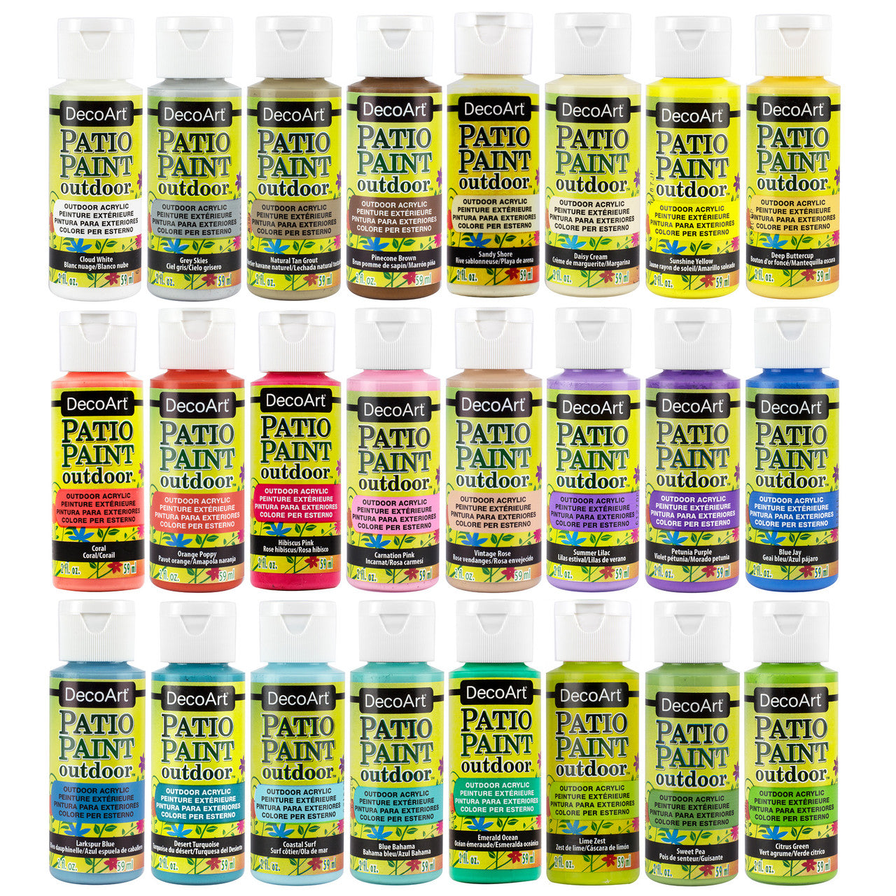 DecoArt Pastel Patio Paint outdoor paint set with 24 vibrant pastel colors for garden and patio projects.