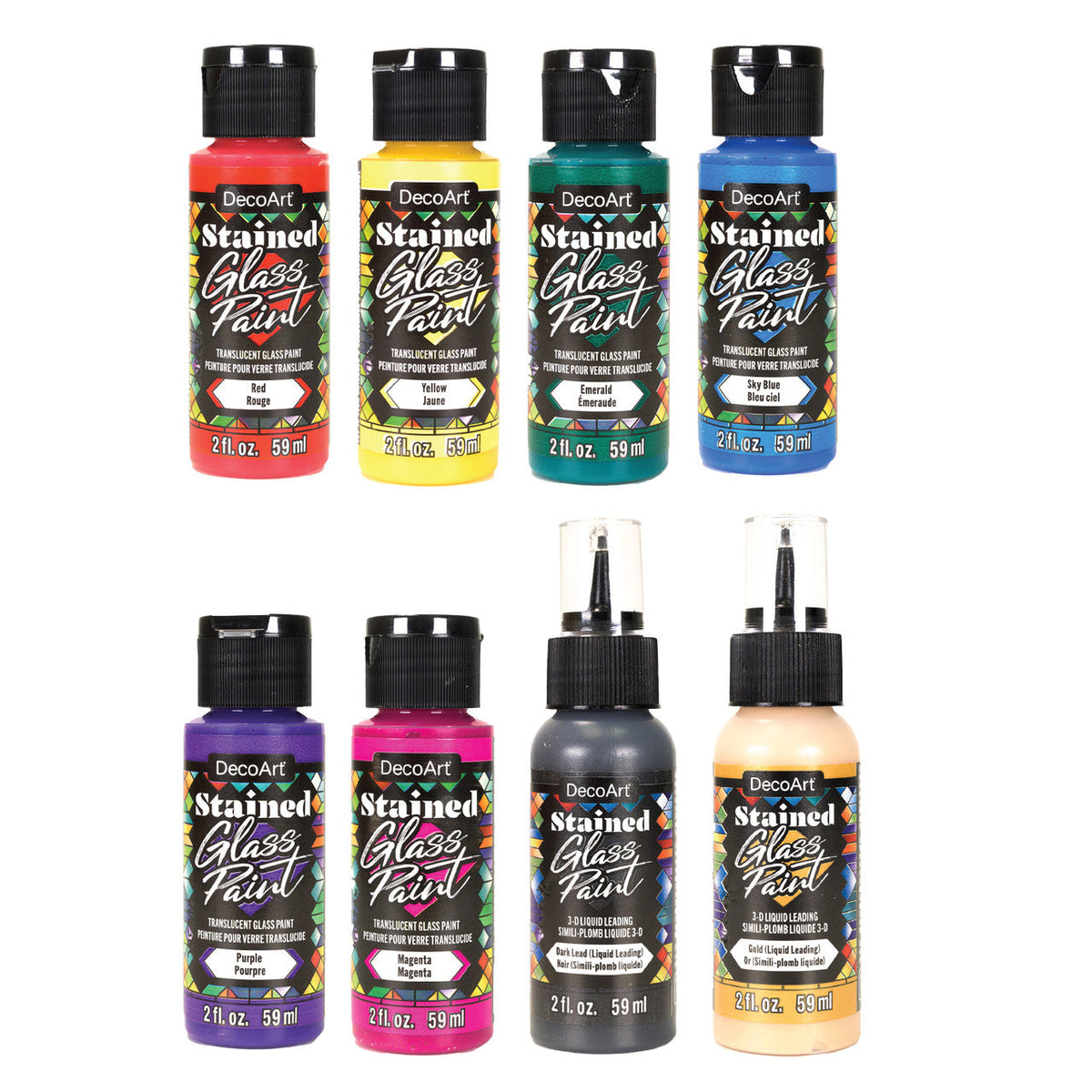 Rainbow stained glass paint set by DecoArt, featuring vibrant colors and glass painting supplies for creative art projects.